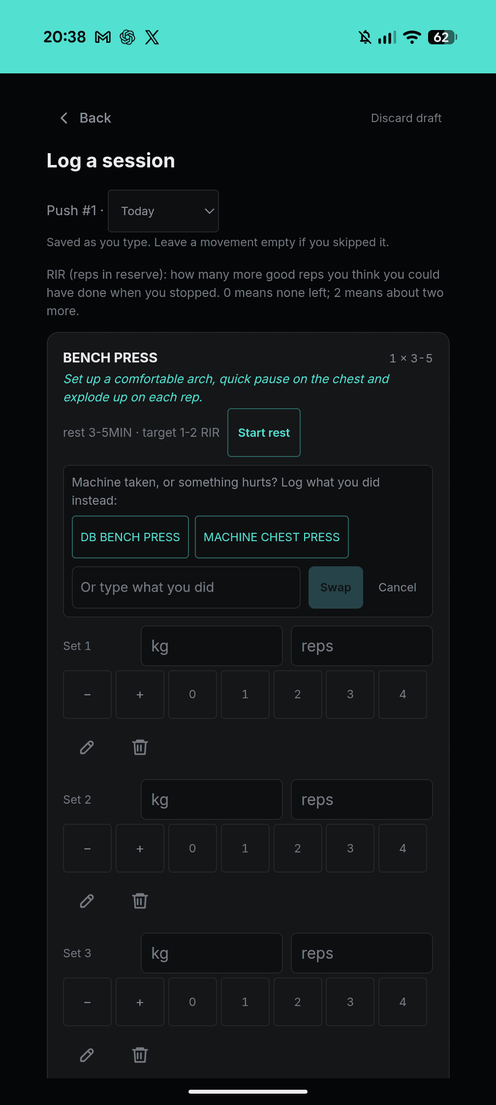 Client-facing Digital Rack training and session logging screen